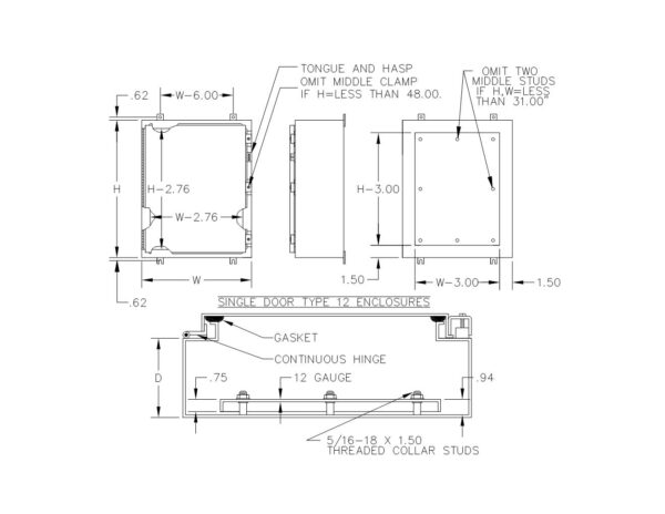 TYPE 12 SINGLE DOOR PAINTED WALL MOUNT HINGED COVER ENCLOSURE W/ CLAMPS - Image 2