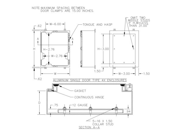 TYPE 4X SINGLE DOOR ALUMINUM WALL MOUNT HINGED COVER ENCLOSURE W/ CLAMPS - Image 3