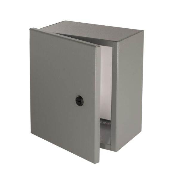 TYPE 1 PAINTED HINGED ENCLOSURE W/ KEYLOCKING LATCH & PANEL INSTALLED