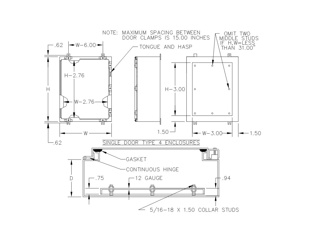 TYPE 4 SINGLE DOOR PAINTED WALL MOUNT HINGED COVER ENCLOSURE W/ CLAMPS - Image 2