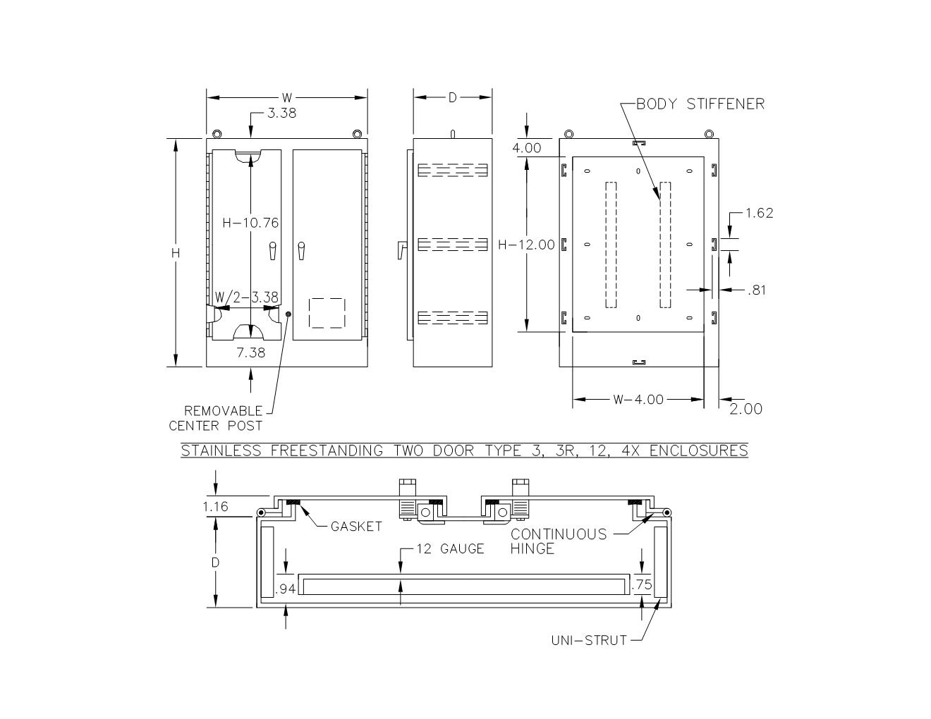 TYPE 4X 304 STAINLESS STEEL DOUBLE DOOR FREESTANDING ENCLOSURE WITH 3 POINT LATCH & KEYLOCKING/PADLOCKING HANDLE - Image 2