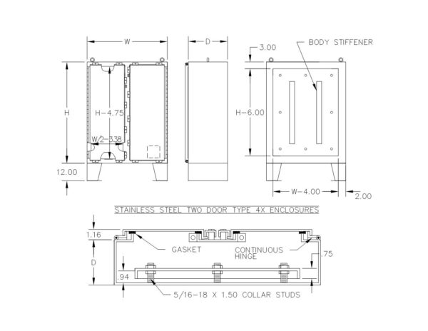 TYPE 4X 304 STAINLESS STEEL HINGED DOUBLE DOOR FLOOR MOUNT ENCLOSURE W/ CLAMPS - Image 2
