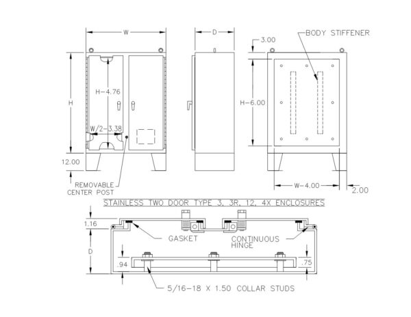 TYPE 4X 304 STAINLESS STEEL HINGED DOUBLE DOOR FLOOR MOUNT ENCLOSURE WITH 3 POINT LATCH & KEYLOCKING/PADLOCKING HANDLE - Image 2