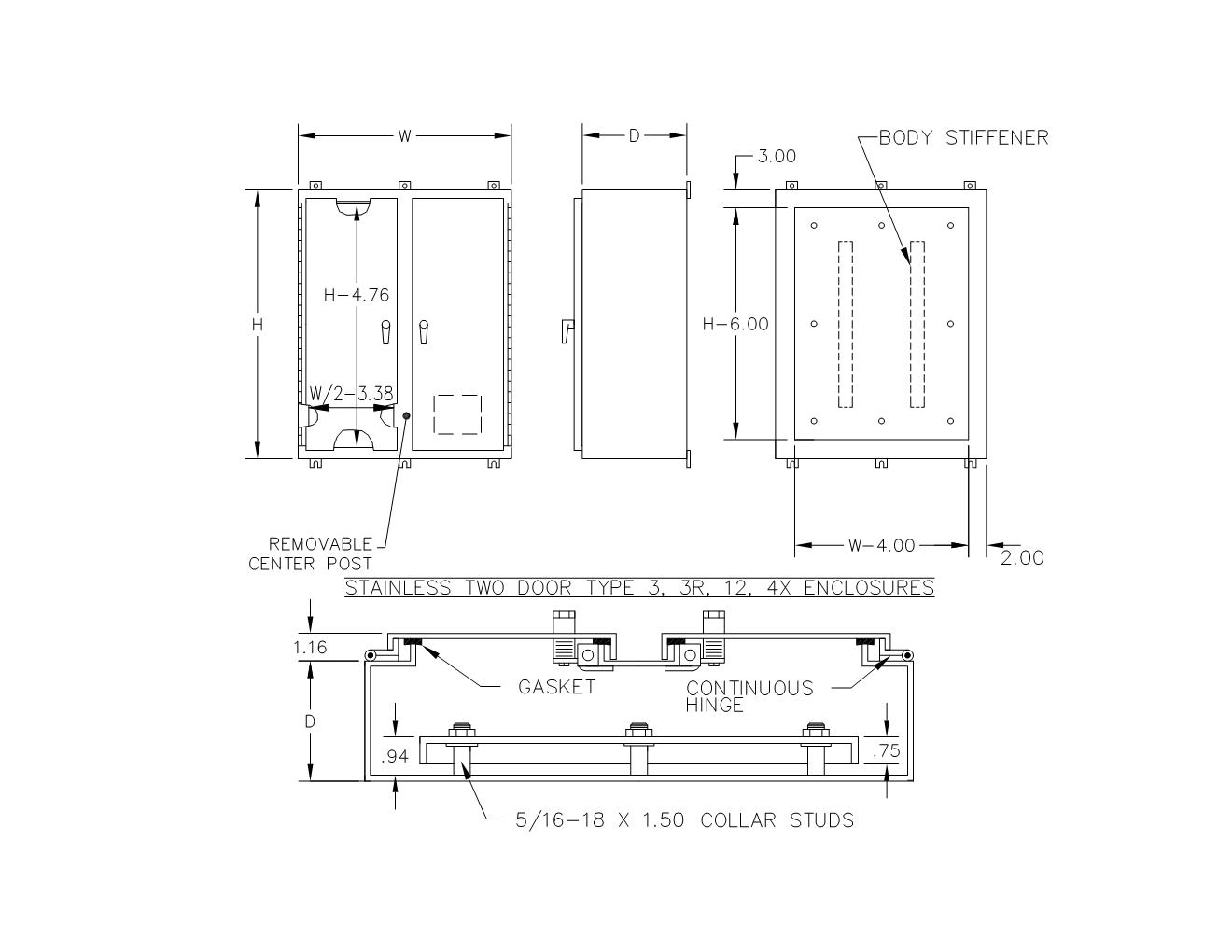 TYPE 4X 304 STAINLESS STEEL HINGED DOUBLE DOOR WALL MOUNT ENCLOSURE W/ 3 POINT LATCH & KEYLOCKING/PADLOCKING HANDLE - Image 2