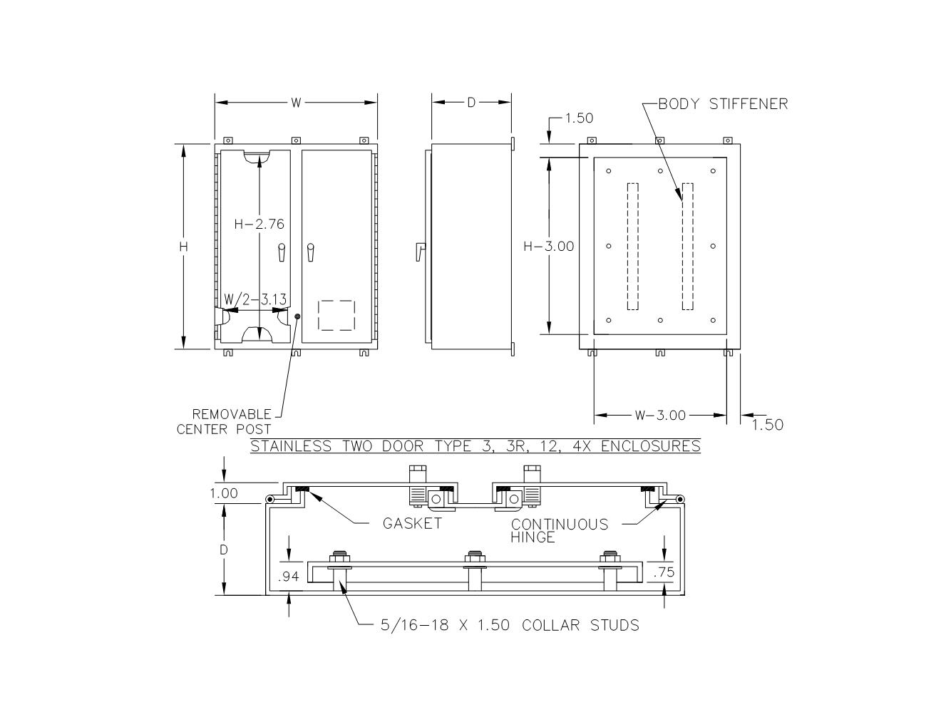TYPE 4X 304 STAINLESS STEEL HINGED DOUBLE DOOR WALL MOUNT ENCLOSURE W/ 3 POINT LATCH & KEYLOCKING/PADLOCKING HANDLE - Image 3