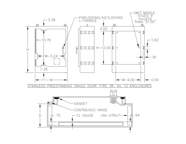 TYPE 4X 304 STAINLESS STEEL HINGED SINGLE DOOR FREESTANDING ENCLOSURE W/ 3 POINT LATCH & KEYLOCKING/PADLOCKING HANDLE - Image 2